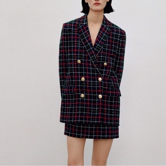 Zara Jackets & Blazers - ZARA Tweed Plaid Double Breasted Blazer Green Red Gold Buttons